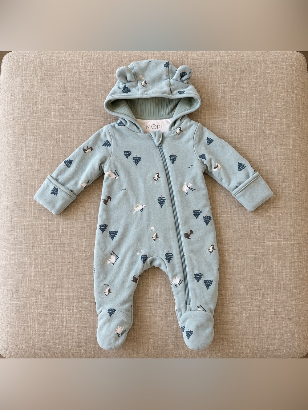 MORI Baby Hooded Footed Romper 3-6M Woodland Print Fold-Over Mittens